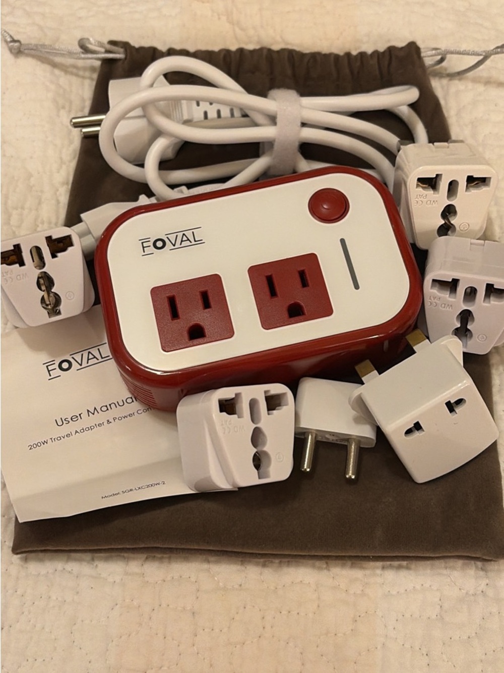 Red & White Universal Travel Power Adapter with Multi-Region Plugs